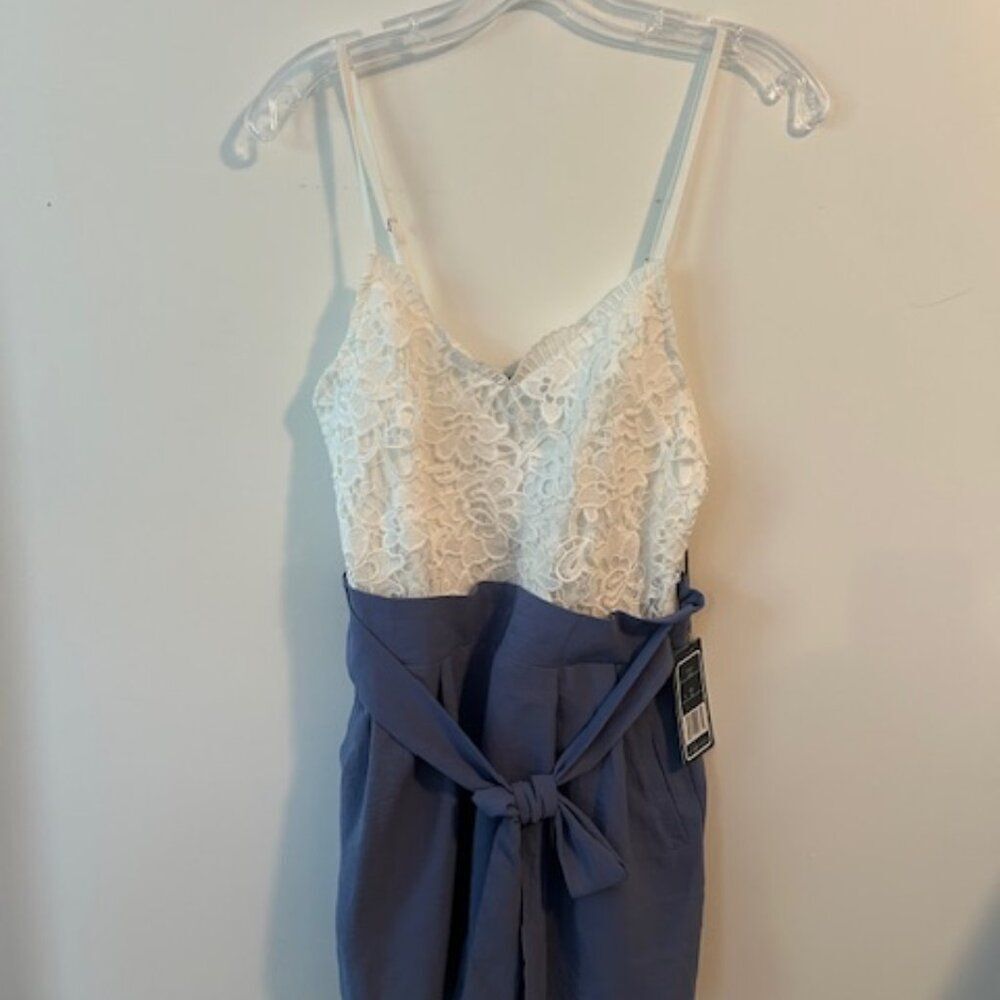 Love University Blue/White Floral Lace tank romper, size M